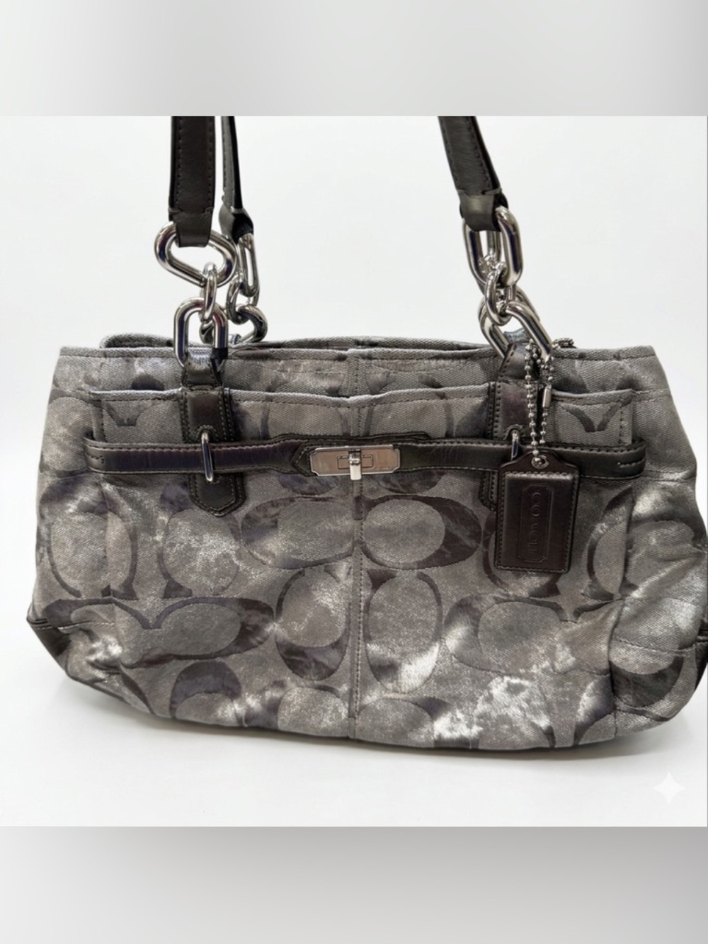 Coach Signature Metallic Silver & Gray Jacquard Shoulder Bag